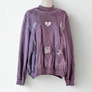 Alfred Dunner Purple Embroidered Sweatshirt Granny Core Cottagecore Floral